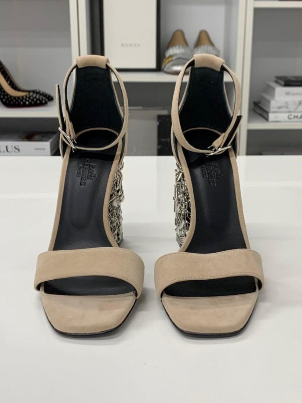 Hermes Glam 105 Suede Chaine D'ancre Metal Sandals - Picture 3 of 10